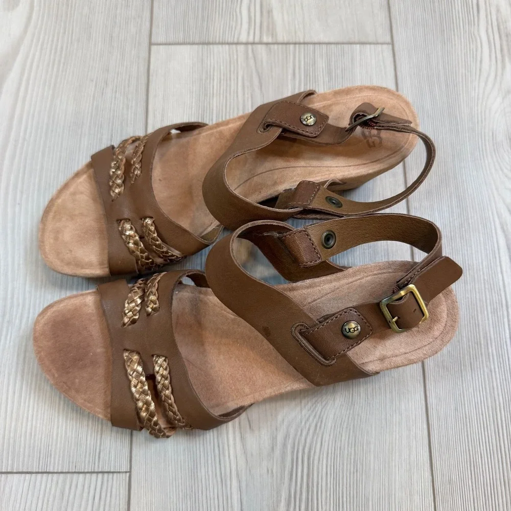 UGG Serinda Brown Leather Metallic Braid Cork Wedge Sandals 1010167 Womens 8
